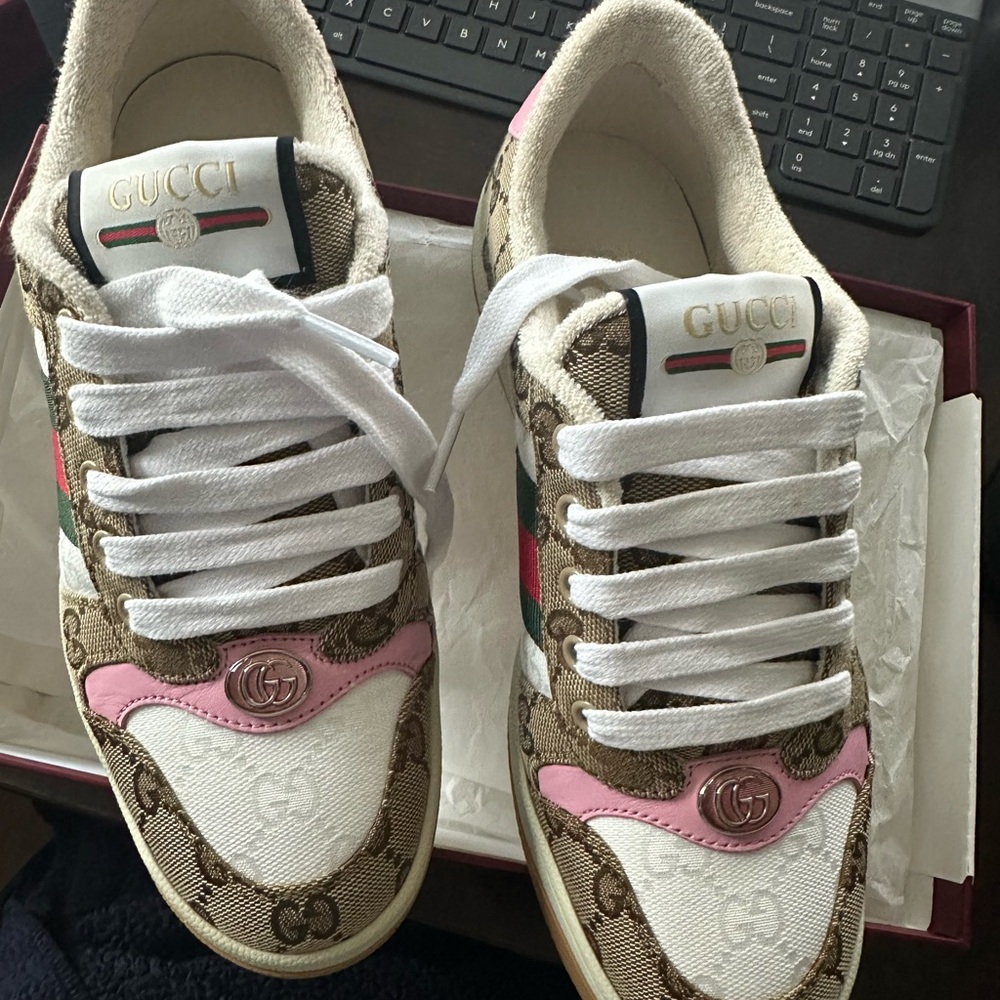 Gucci Beige and Pink Logo Sneakers